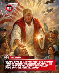 📍Donald Trump sostiene che l'immagine pubblicata su Truth, e poi rimossa, nella quale lo si vedeva con le sembianze di Gesù mentre benediceva qualcuno è un'invenzione dei media "fake news". "Sono ritratto